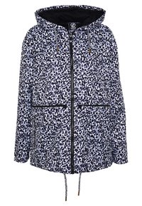 Veste à capuche avec imprimé léopard noir et blanc, fermeture éclair à l'avant, deux poches zippées et cordons ajustables à la capuche et à l'ourlet.