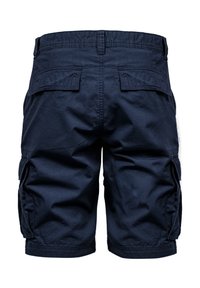 Marineblaue Cargo-Shorts aus Baumwolle mit mehreren Seitentaschen und einem Bund mit Gürtelschlaufen. Glatte Textur, knielanges Design.