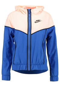 Nike hoodie i blått med ljusrosa övre del, svarta detaljer och dragkedja fram. Lätt vikt, sportig design med elastiska muddar.