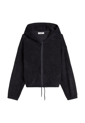 Schwarze Kapuzenjacke mit durchgehendem Reißverschluss, langen Ärmeln, verstellbarem Kordelzug am Saum und weichem, strukturiertem Stoff, flach auf weißem Hintergrund dargestellt.