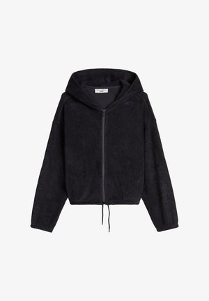 Schwarze Kapuzenjacke mit durchgehendem Reißverschluss, langen Ärmeln, verstellbarem Kordelzug am Saum und weichem, strukturiertem Stoff, flach auf weißem Hintergrund dargestellt.