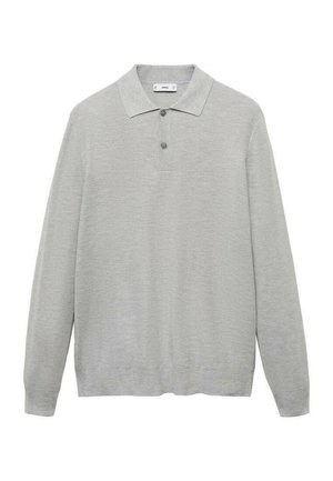 Lichtgrijze polo met lange mouwen van een gestructureerde stof, met een klassieke kraag, een drieknoopsluiting en geribde manchetten en onderrand.