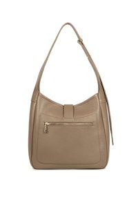Sac à épaule en cuir taupe avec sangle réglable, poche zippée à l'avant et finition texturée.