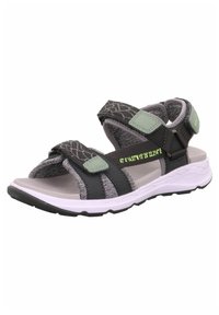 Black and gray sandals feature adjustable Velcro straps, a textured upper, and a cushioned sole with a white midsole and black tread.