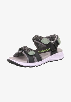 Black and gray sandals feature adjustable Velcro straps, a textured upper, and a cushioned sole with a white midsole and black tread.