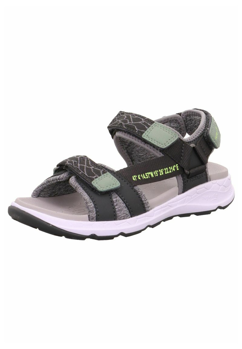 Black and gray sandals feature adjustable Velcro straps, a textured upper, and a cushioned sole with a white midsole and black tread.