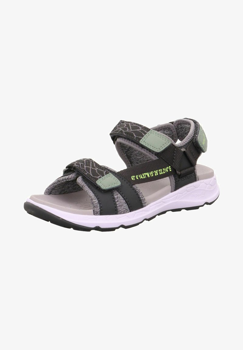 Black and gray sandals feature adjustable Velcro straps, a textured upper, and a cushioned sole with a white midsole and black tread.