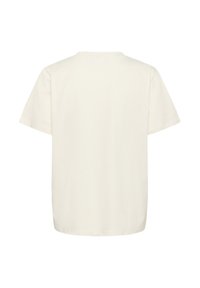 T-shirt crème, à manches courtes, en tissu de coton doux. Présente une coupe simple avec un col rond et un ourlet droit. Aucune graphique visible.