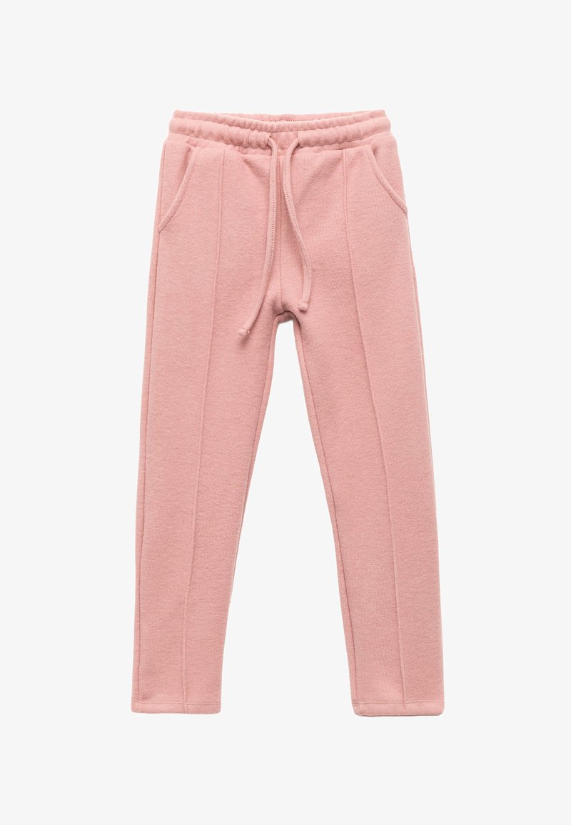 Lyserøde sweatpants lavet af blødt stof, med en elastisk talje og snoretræk, to sidelommer og paneldetaljer.