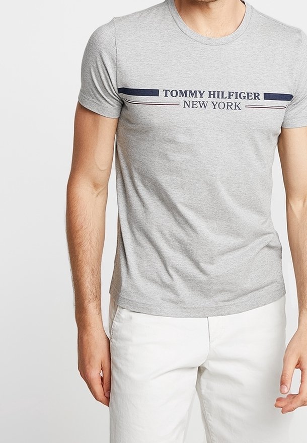 Grau Baumwoll-T-Shirt mit Rundhalsausschnitt, kurzen Ärmeln und einem blau-roten gestreiften Logo, auf dem "TOMMY HILFIGER NEW YORK" steht.