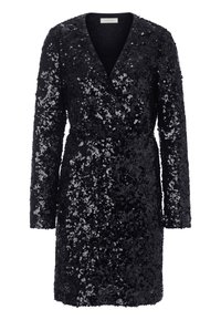 Crna haljina od sequina s V-izrezom, dugim rukavima i omotanim dizajnom. Glatka tekstura s sjajnim sequinima koji prekrivaju cijelu površinu.
