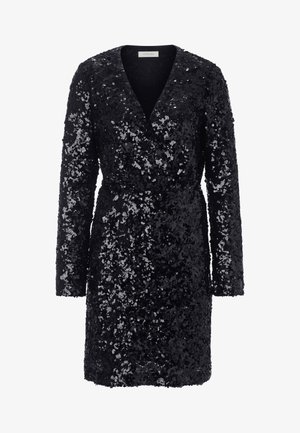 Fekete flitteres ruha V-nyakkivágással, hosszú ujjakkal és megkötős dizájnnal. Simás textúra, az egész felületet csillogó flitterek borítják.