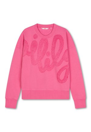 Roze sweatshirt met een gestructureerd, gepunkt logo-ontwerp aan de voorkant, ronde halslijn en geribbelde manchetten en zoom. Zachte stof.