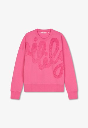Roze sweatshirt met een gestructureerd, gepunkt logo-ontwerp aan de voorkant, ronde halslijn en geribbelde manchetten en zoom. Zachte stof.