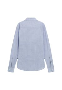 Camicia a maniche lunghe di colore azzurro chiaro con un motivo sottile. Presenta un colletto classico, polsini con bottoni e un orlo curvo. Tessuto di cotone.