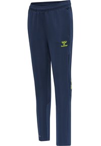 Marineblauwe sportbroek van ademend materiaal, voorzien van een groen logo, slim fit, zijzakken en een subtiele textuur.