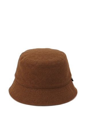 Brown bucket hat made of textured fabric with a patterned surface. Features a round crown and a wide, slightly downward-sloping brim.