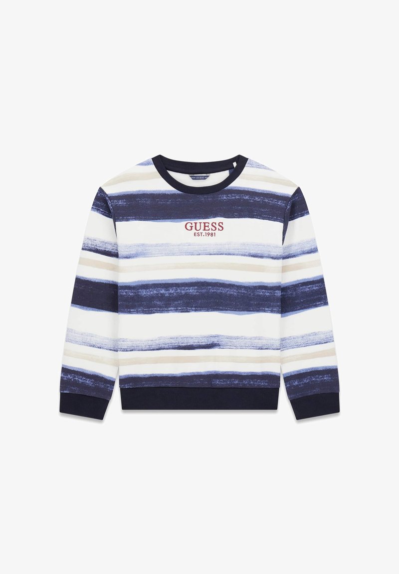 Tumesiniste, valgete ja beežide triipudega pika varrukaga ümarseljaga dressipluus. Peal tikitud punasega "GUESS EST.1981". Pehme kangas, soonilised mansetid.