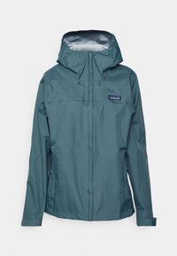 Vattentålig teal-jacka med huva, frontdragkedja och justerbara snoddar. Slät yta med minimalistiska design detaljer.