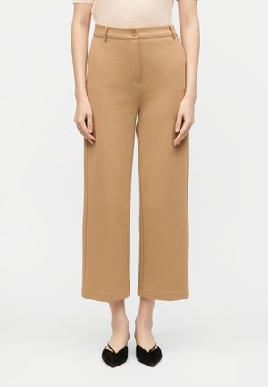 Woman wearing high-waist, wide-leg camel trousers and beige top, paired with black pointed-toe slingback shoes, standing against plain background.