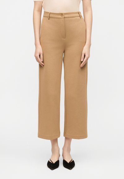 Woman wearing high-waist, wide-leg camel trousers and beige top, paired with black pointed-toe slingback shoes, standing against plain background.