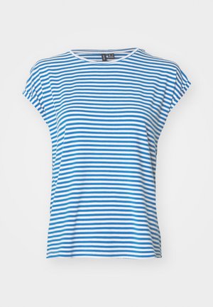 Blauw-wit gestreepte T-shirt met korte mouwen en ronde hals. Zachte katoenen stof, ontspannen pasvorm en zijsplitten voor gemakkelijke bewegingsvrijheid.