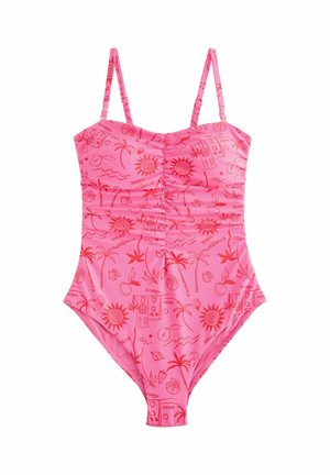 Himbeerrosa baddräkt i ett stycke med tunna justerbara band, rynkad front och ett upprepat tropiskt mönster av solar, palmer och snäckor.