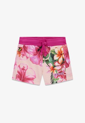 Pantaloncini rosa con motivo floreale, vita con coulisse rosa scuro e logo "GUESS" sulla gamba destra.