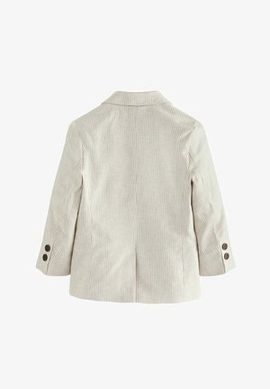 Gestreifter beiger Blazer mit taillierter Passform. Verfügt über einen Reverskragen, Dreiviertelärmel und dekorative braune Knöpfe an den Bündchen.