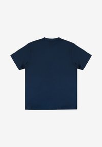 Granatowa bawełniana koszulka, krótki rękaw, klasyczny dekolt w serek, gładki kolor bez wzorów, gładka faktura, luźny krój, brak dodatkowych detali.