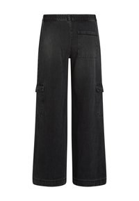 Black denim cargo pants with an elastic waistband, wide leg design, two side pockets, and a back pocket, featuring a matte texture.