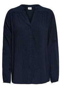 Blouse bleu marine à manches longues avec encolure en V, boutonnée à l'avant, et plis subtils aux épaules. Confectionnée en tissu doux et léger.