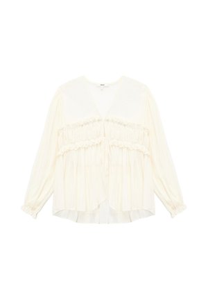 Cremefarbener Bluse mit langen Ärmeln, einem V-Ausschnitt, Rüschendetails an der Taille und einem luftigen, leichten Stoff.