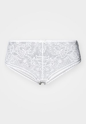 White lace hipster briefs featuring floral patterns, soft texture, scalloped edges, and a central bow detail at the front.