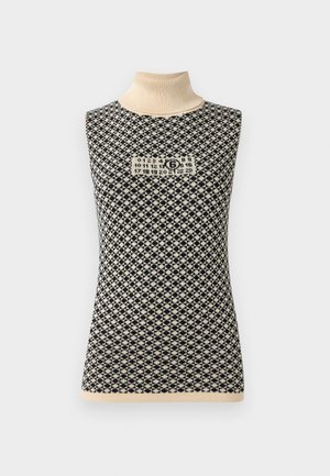 Ärmlös polotröja i svart och beige, med ett geometriskt mönster och en central logopatch. Stickad textur med ribbat krage.