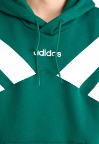 Sweatshirt verde com riscas diagonais brancas, apresentando um bolso canguru na parte da frente, cordões e um logótipo bordado no peito.