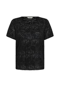 Blouse noire en dentelle à manches courtes avec des motifs floraux et cachemire et un col rond.
