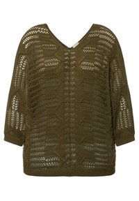 Olivgrüner Strickpullover mit V-Ausschnitt, der ein Netzmuster, Dreiviertelärmel und gerippte Bündchen sowie Saum aufweist.
