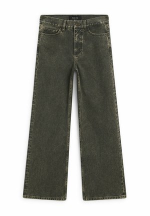Wide-leg jeans in dark green, made of denim fabric. Features a classic five-pocket design, top button closure, and faded detailing.