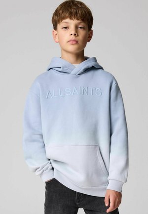 Felpa leggera di colore blu con una sfumatura che sfuma in bianco nella parte inferiore, dotata di logo "ALLSAINTS" ricamato, tasca a marsupio e polsini a coste.