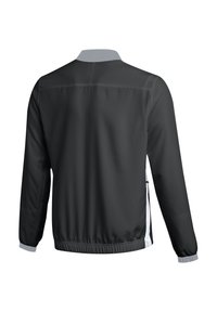 Black lightweight jacket with a zippered front, elastic cuffs, and a textured finish. Features contrasting gray accents and side pockets.