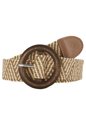 Beige en roomkleurige geweven riem met een ronde donkerbruine houten gesp en een tan leren uiteinde.