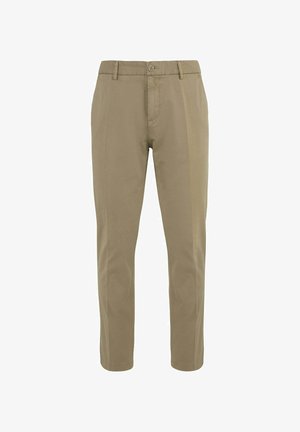 Beige rechte herenbroek met ceintuurlussen, knoopsluiting en voorzakken, getoond op een witte achtergrond.