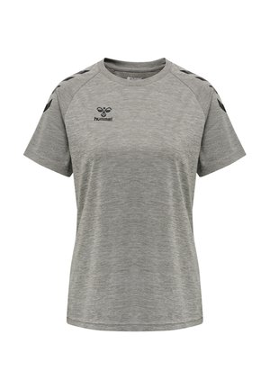 Grå kortærmet sportsskjorte med sort hummel-logo på brystet og sorte chevron-striber langs skuldrene.