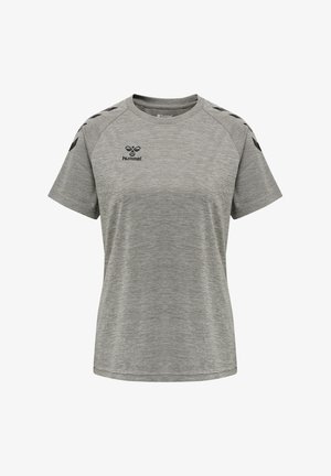 Graues Sporthemd mit kurzen Ärmeln und schwarzem hummel-Logo auf der Brust sowie schwarzen Chevronstreifen an den Schultern.