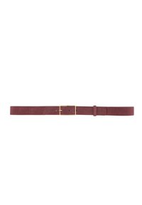 Velvet burgundy belt with a rectangular gold-toned metal buckle and loop, featuring a smooth texture and adjustment holes.