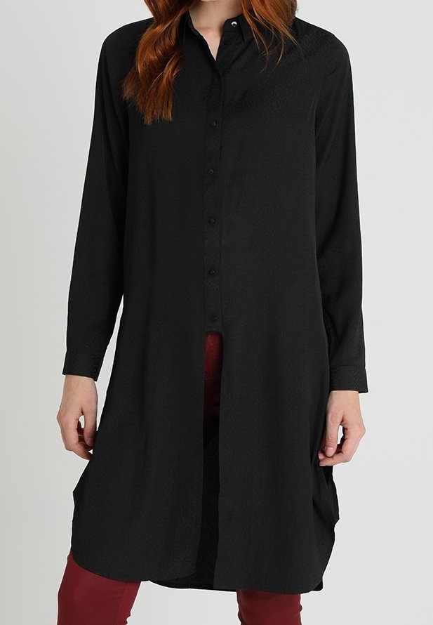Black long-sleeve shirt dress with a button-up front, rounded hem, and side slits; features a smooth, textured fabric finish.