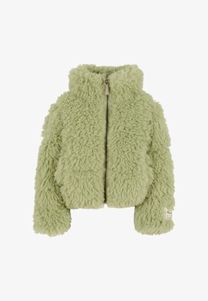 Giacca verde pelosa con colletto alto e chiusura con zip. Presenta un tessuto testurizzato e polsini elasticizzati. Etichetta visibile sulla manica sinistra.