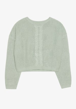 Light green knitted sweater with a cropped design, featuring a textured cable knit pattern along the back and wide sleeves.