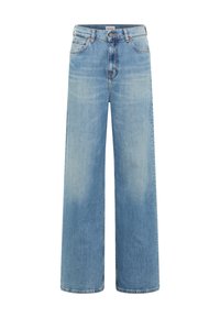 Vaqueros de denim de pierna ancha color azul claro, con una cintura alta, cinco bolsillos y detalles de desvanecimiento sutil. Cierre clásico de cremallera y botón.